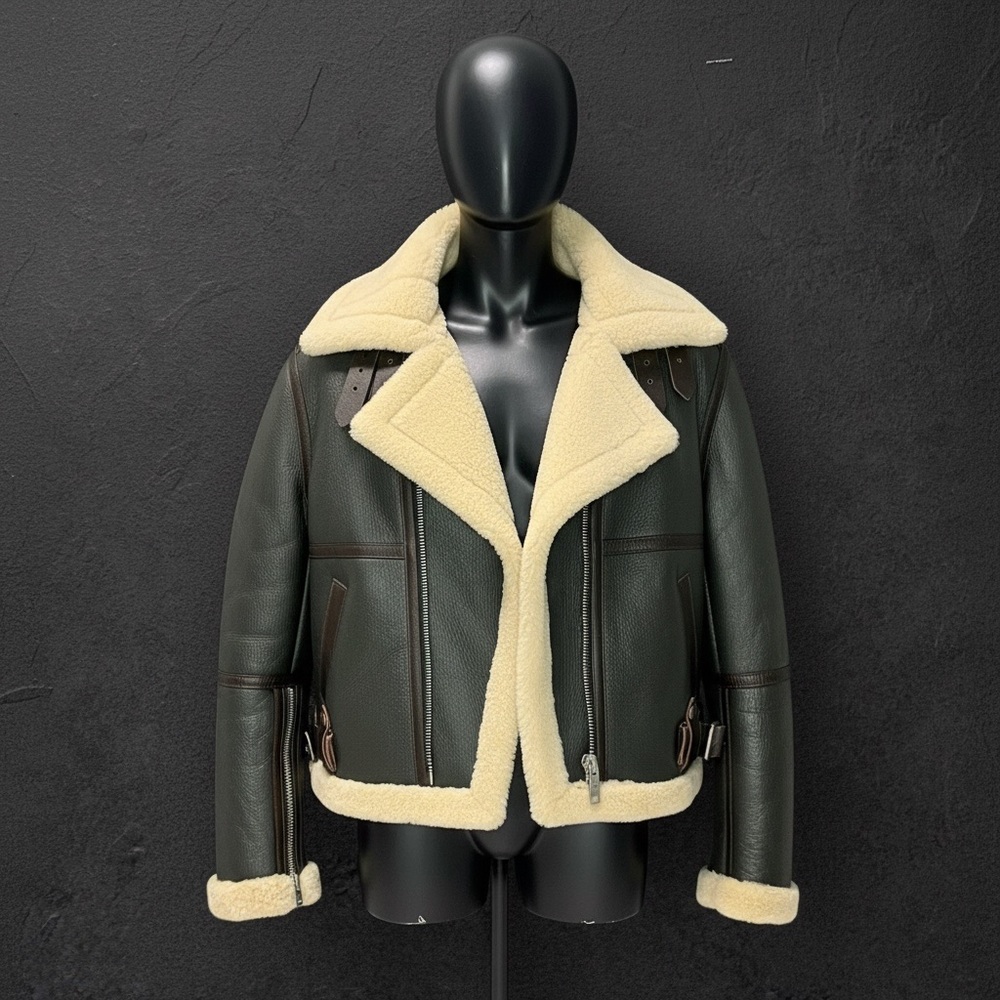 Shearling Moto Jacket Green Brown Unique